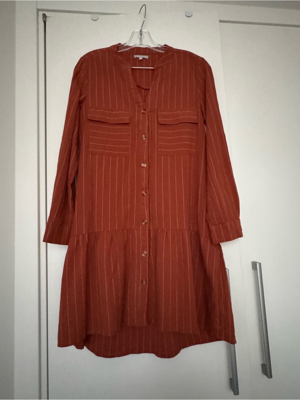 Long-Sleeve Rust Pinstripe Button-Front Dress